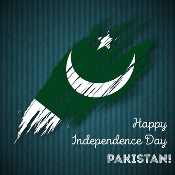 Pakistan Independence Day Patriotic Design. Expressive Brush Stroke in National Flag Colors on dark striped background. Happy Independence Day Pakistan Vector Greeting Card.
