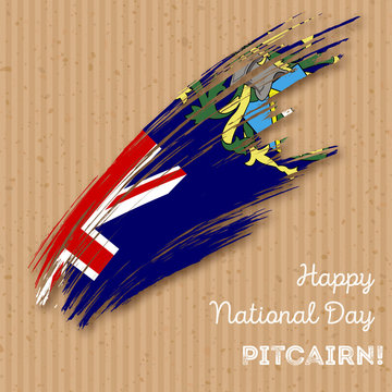 Pitcairn Independence Day Patriotic Design. Expressive Brush Stroke in National Flag Colors on kraft paper background. Happy Independence Day Pitcairn Vector Greeting Card.