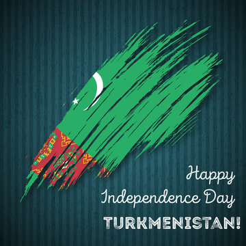 Turkmenistan Independence Day Patriotic Design. Expressive Brush Stroke in National Flag Colors on dark striped background. Happy Independence Day Turkmenistan Vector Greeting Card.