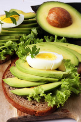 Sandwich with avocado and poached egg - healthy breakfast concep