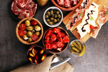 spanish tapas and sangria on wooden table - mediterran antipasti set