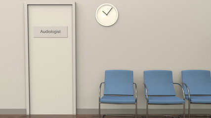 Waiting room at audiologist office. Medical practice concept. 3D rendering