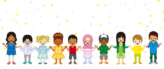 Holding hands Multi Ethnic children in confetti background, stand in a line