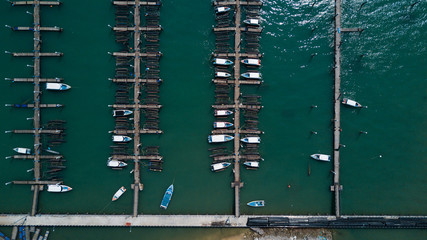 Aerial view over group of fishing boats,Thailand