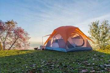 Camping tent in campground on top of mountain with sunrise at Doi Luang Chiang Dao, ChiangMai Thailand