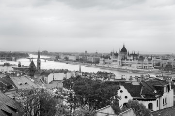 View of Budapest city and Danube river, Hungary. Black and white color tone