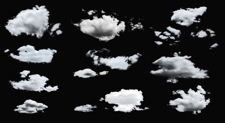 set of isolated clouds on black background