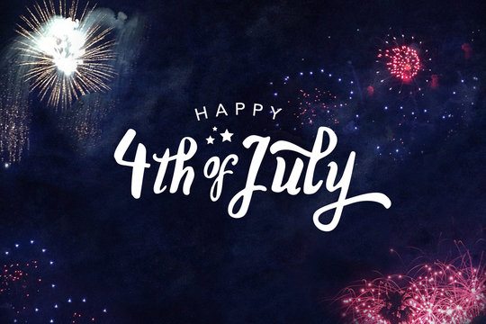 Happy 4th of July Typography with Fireworks in Night Sky