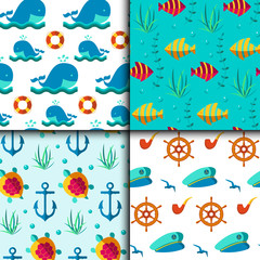 Naklejka na ściany i meble Seamless vector patterns with nautical elements wave marine collection paper sea background