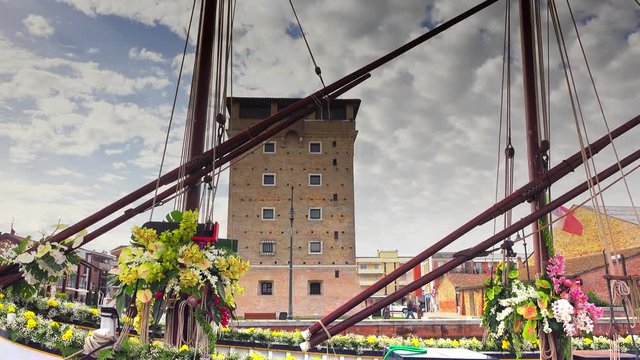 cinematic shot of moored boat in harbor