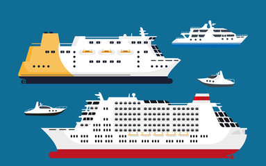 Cruise passenger liners set isolated on blue background