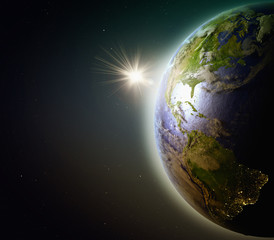 Fototapeta premium Sunset above Americas in space