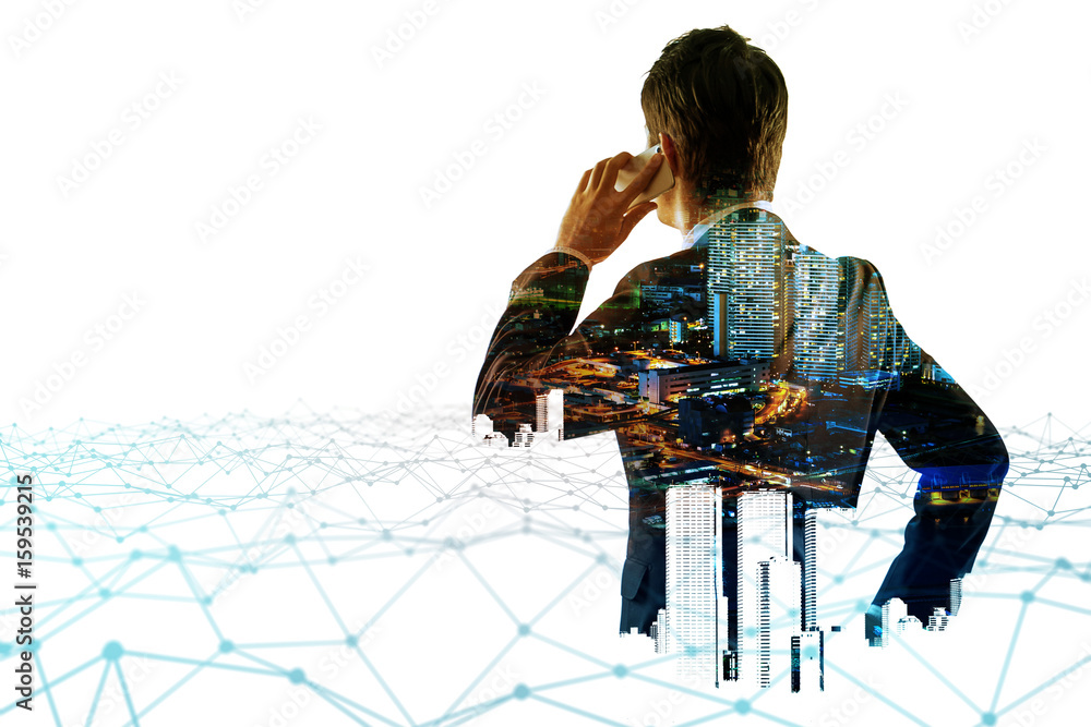 Poster businessperson back view and communication network concept. internet of things. business technology.