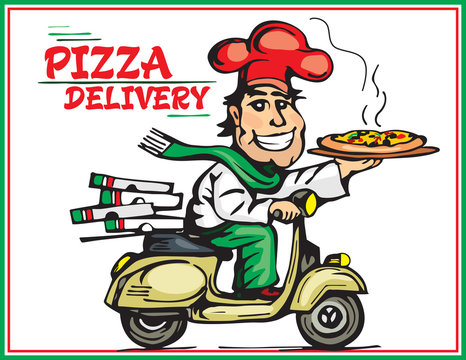 Pizza delivery. A smile motorcycle boy delivers hot pizzas.