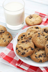 Chocolate chip cookies with glass of milk on white wooden table