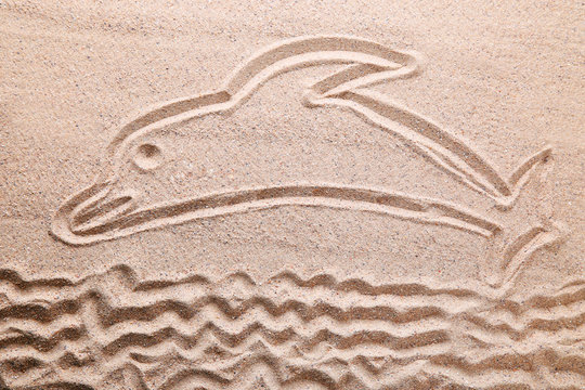 Dolphin drawn on the beach sand