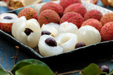 plate of fruit, lychee with juicy pulp
