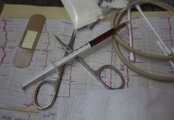 syringe with the drug, bandages, tourniquet, scissors