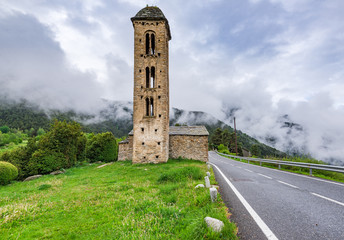 Naklejka premium Sant Miquel Engolasters in Andorra at cloudy day