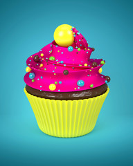 3d sweet cupcake with sprinkles over blue
