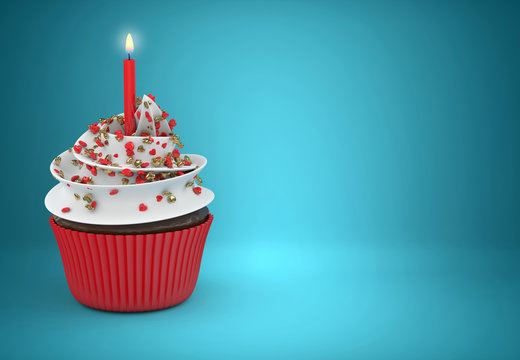 3d sweet cupcake with candle and hearts