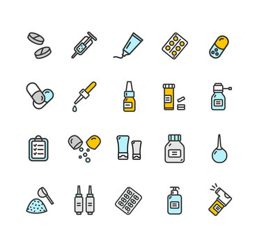 Pills Related Medical Color Thin Line Icon Set. Vector
