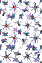 Watercolor floral seamless pattern Aquilegia and clematis