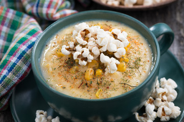 corn soup with popcorn, closeup