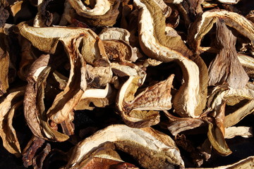 Dried Boletus edulis mushroom chopped strips.