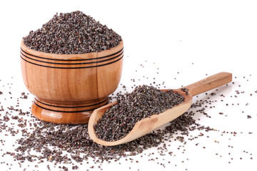 poppy seeds in a wooden bowl and scoop isolated on white background