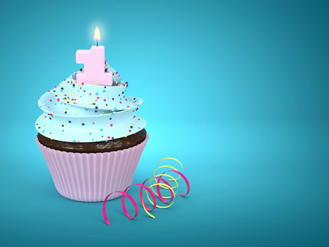 3d sweet cupcake with 1 candle over blue