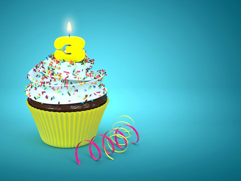 3d sweet cupcake with number 3 candle over blue
