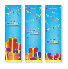 Print Editable happy birthday banner with gift boxes and confetti decoration set. blue background banner.