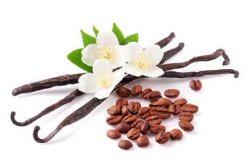 Vanilla sticks and coffee beans with flower isolated on white background - obrazy, fototapety, plakaty
