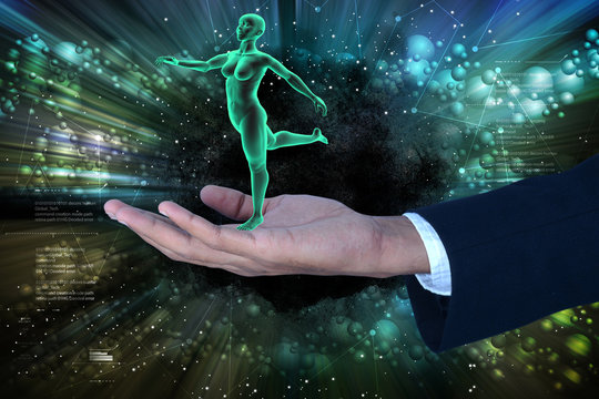3d woman with yoga steps in the man hand