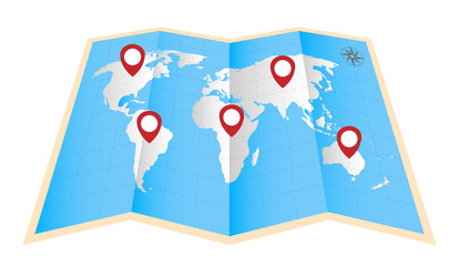 gps icon on a fold paper world map
