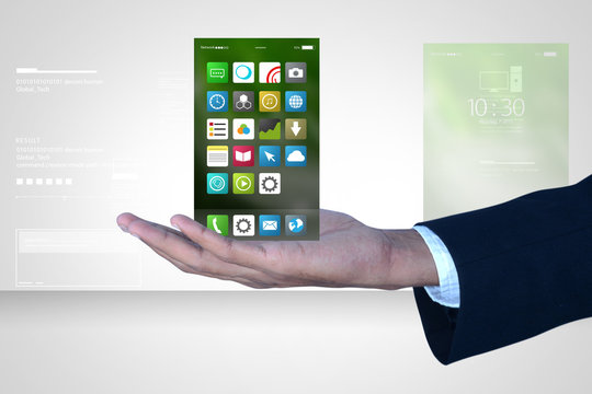 Man showing app icons in tablet