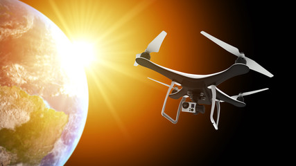 Drone with digital camera flying over Earth planet