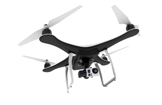 Drone with digital camera flying on a white background