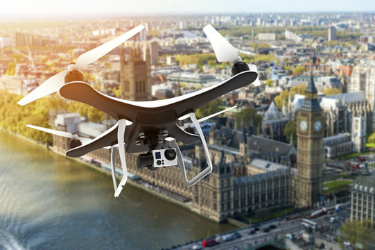 Drone with digital camera flying over London