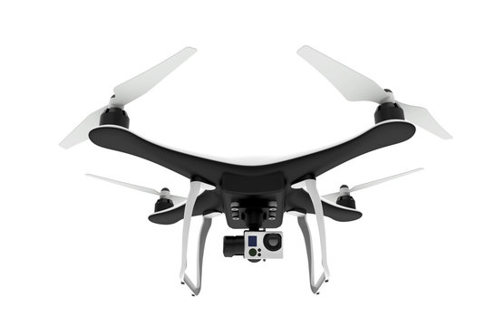 Front of a drone with digital camera flying in a white background