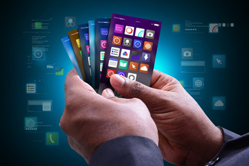 Man showing app icons in smart phone