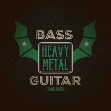 Vintage rock posters. Retro logos for printing on T-shirts. Bass guitar. Heavy metal.