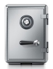 Steel safe with closed door isolated on white background. 3D illustration - obrazy, fototapety, plakaty