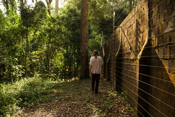 Fototapeta na wymiar Photo of man walking near electric fence on wall made of bricks on deep forest