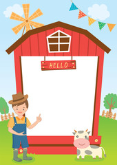 Cowboy and cow with barn template on farm