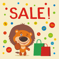 Banner seasonal sale. Funny lion with shopping, falling confetti discounts. Banner for sale and discounts with cartoon lion.