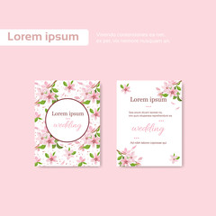  Template for wedding card, decorated with a branch of blossoming cherry, vintage, space for text.