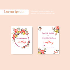  Vintage wedding card, template with bouquet of red and yellow roses, round frame and place for text.