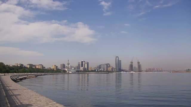 AZERBAIJAN, BAKU, MAY 9, 2017: Embankment of Baku, Azerbaijan. View of the Caspian Sea and the skyscrapers of the city. City view of Baki.